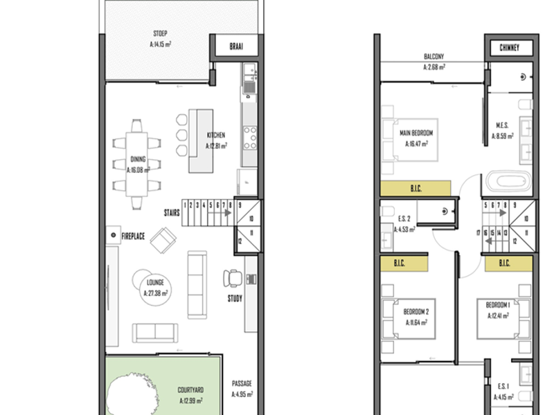 A detailed architectural floor plan showing the layout of the ground and first floors of the townhouse property.