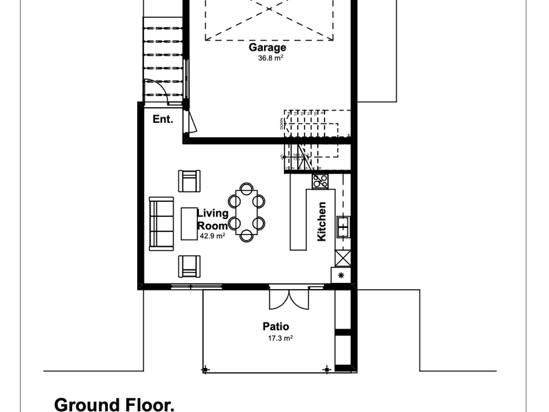 Ground floor architectural floor plan showing the layout of the garage, living area, kitchen, and patio.