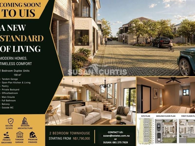 A promotional marketing flyer for a new townhouse development featuring architectural renders, site plans, and property specifications.