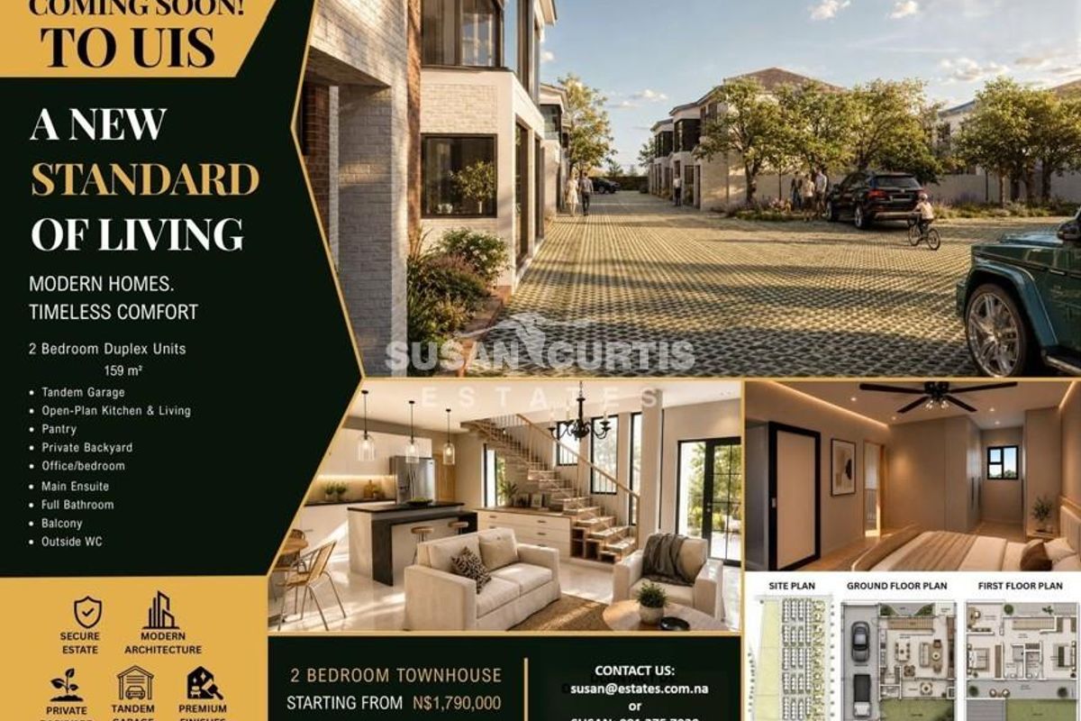 A promotional marketing flyer for a new townhouse development featuring architectural renders, site plans, and property specifications.