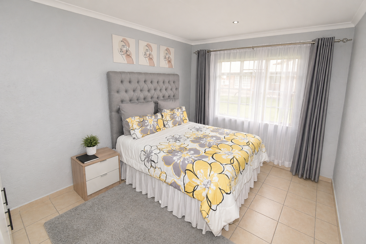 A well-maintained bedroom featuring tiled flooring, recessed ceiling lighting, and a large window with curtain tracks, providing a bright and comfortable living space.