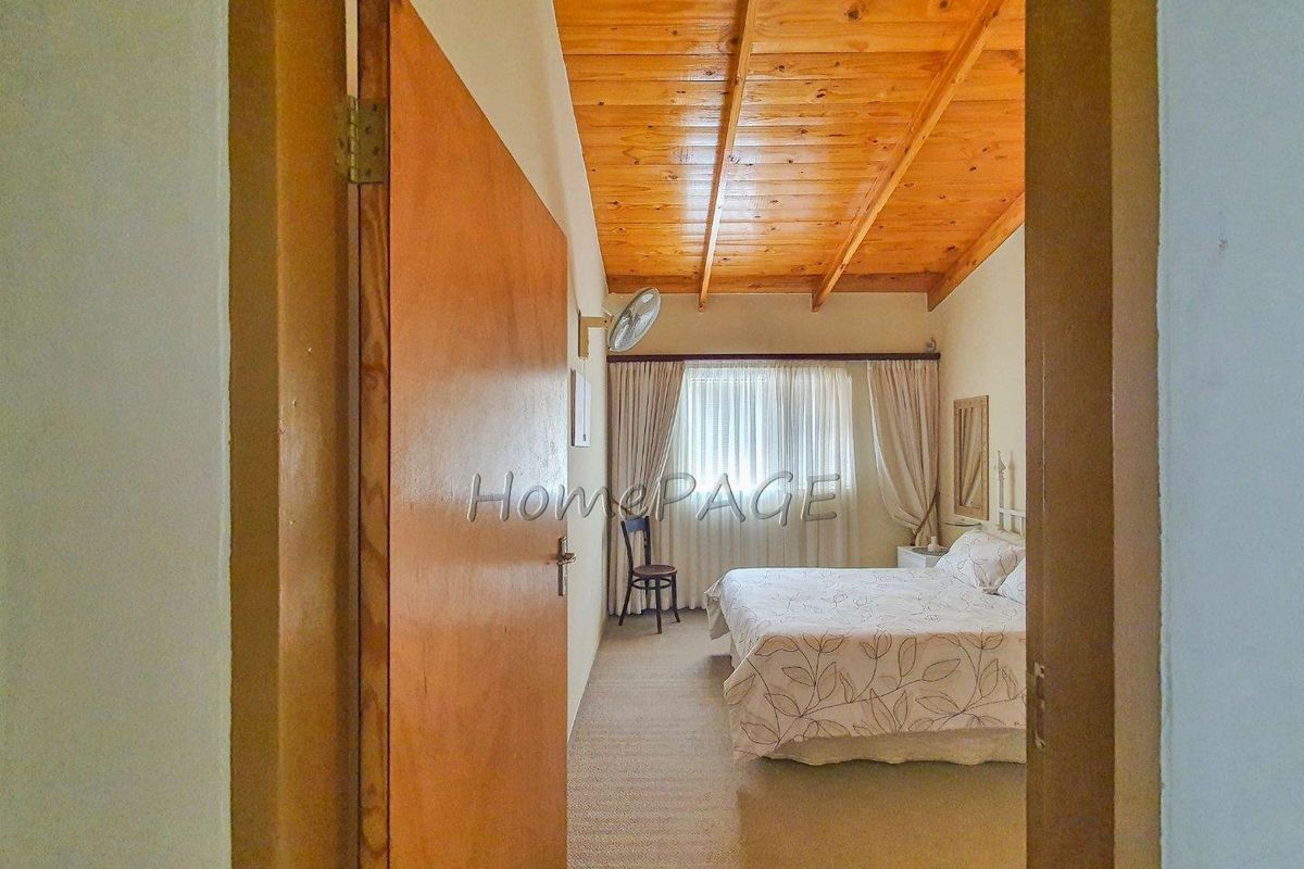 A bedroom featuring a high vaulted timber-clad ceiling, carpeted flooring, and a large window with curtains.