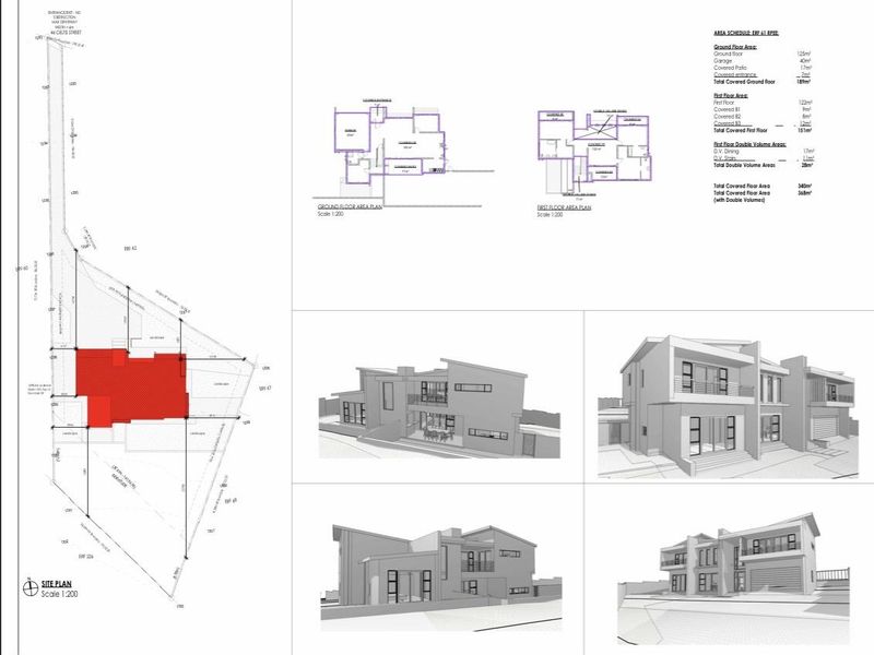 A comprehensive architectural document featuring site plans, ground and first floor layouts, area schedules, and 3D perspective renders of the proposed house design.