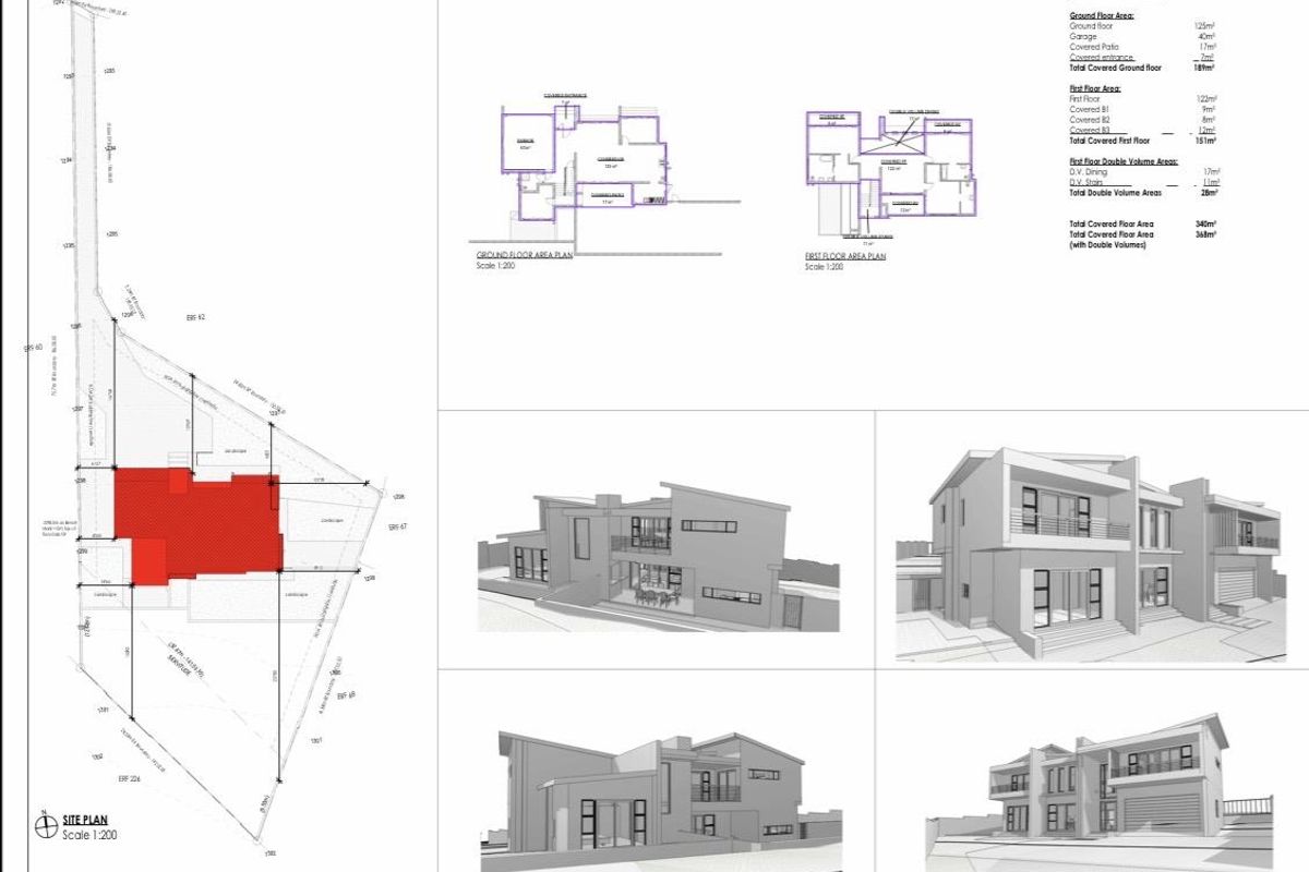 A comprehensive architectural document featuring site plans, ground and first floor layouts, area schedules, and 3D perspective renders of the proposed house design.