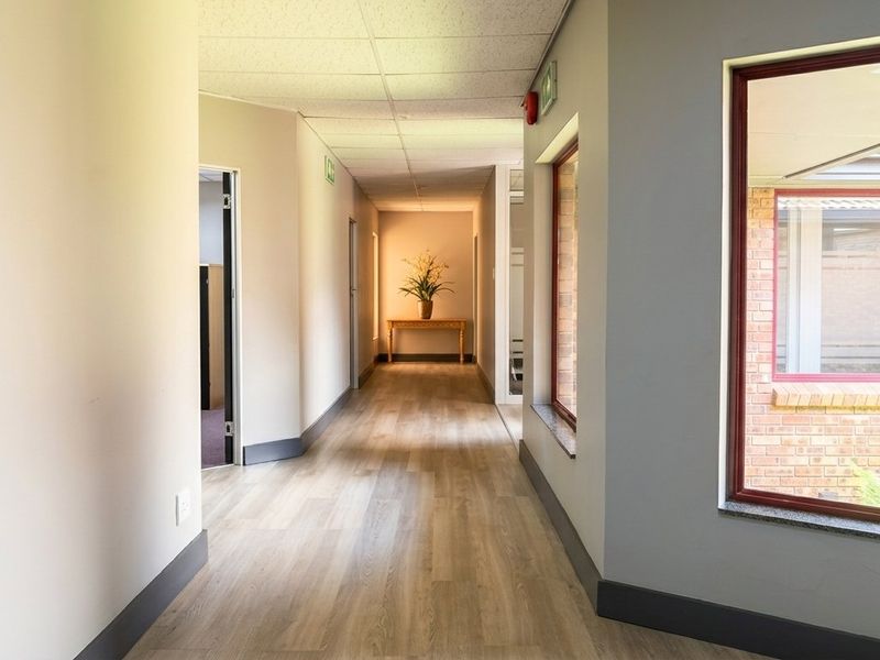 A bright and well-maintained office hallway featuring modern laminate flooring, suspended ceilings, and large windows overlooking an exterior brick courtyard.