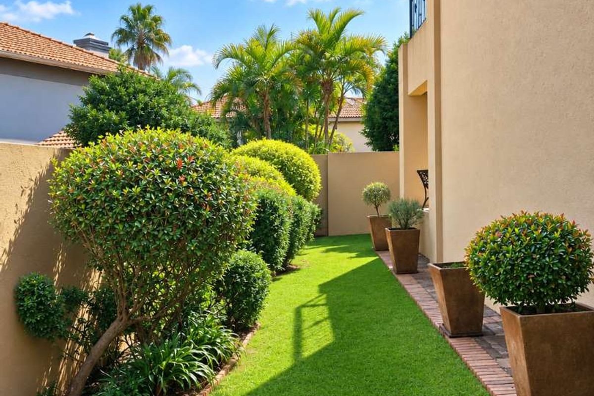 A well-maintained side garden featuring a manicured lawn, brick-edged pathways, and established boundary walls.