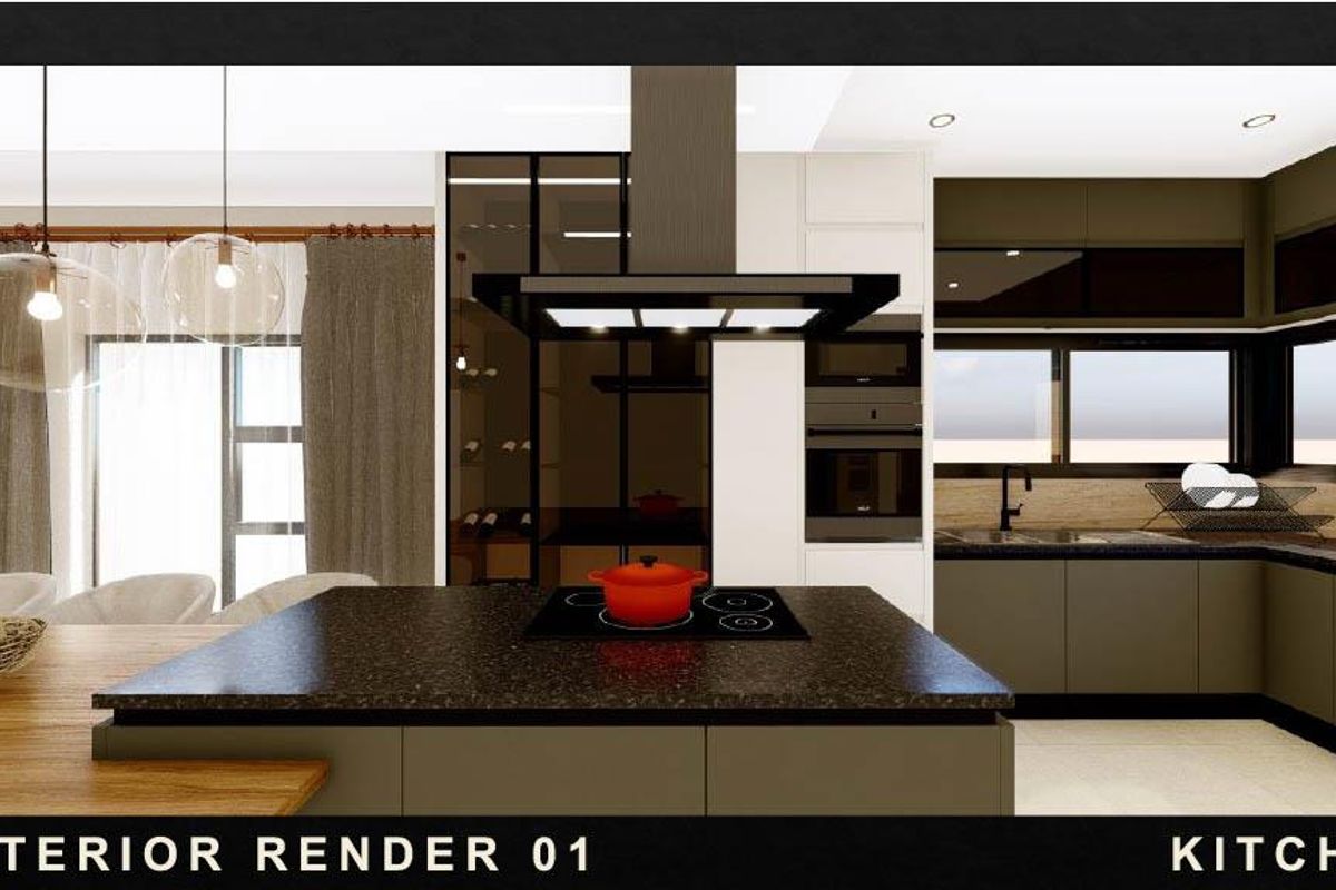 Modern kitchen featuring a central island, built-in appliances, sleek cabinetry, and integrated lighting in a contemporary open-plan layout.