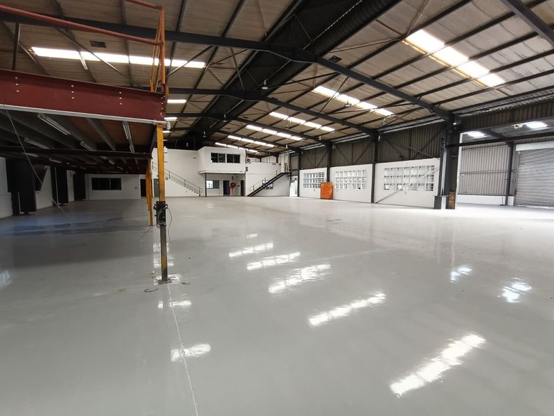 Spacious industrial warehouse featuring a polished epoxy floor, mezzanine level with steel staircase, high ceilings with skylights, and a large roller shutter door.