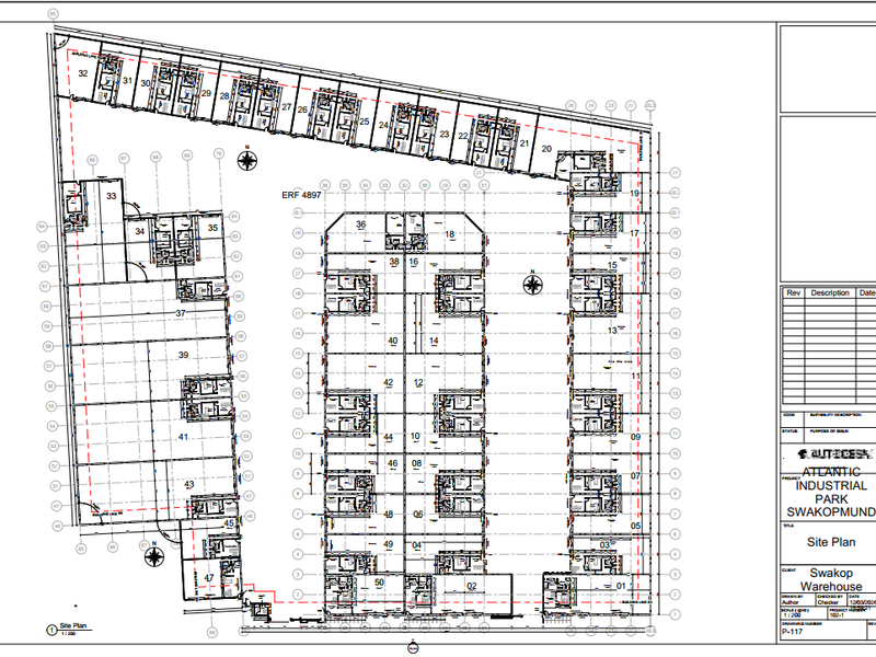 Architectural site plan for the Atlantic Industrial Park in Swakopmund, detailing the layout of multiple warehouse units.