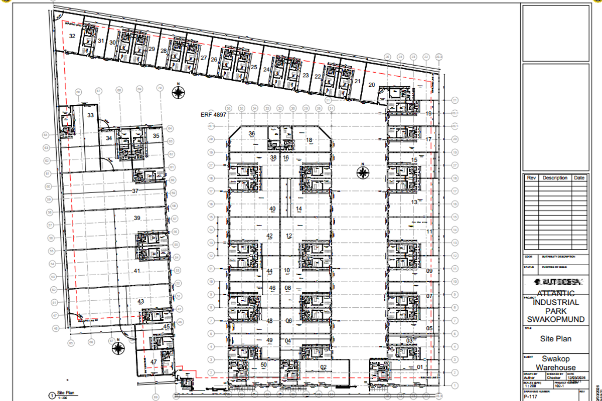 Architectural site plan for the Atlantic Industrial Park in Swakopmund, detailing the layout of multiple warehouse units.