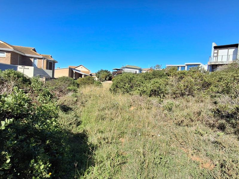 A view of a vacant residential plot featuring natural coastal vegetation and sloped terrain, surrounded by established neighboring properties.