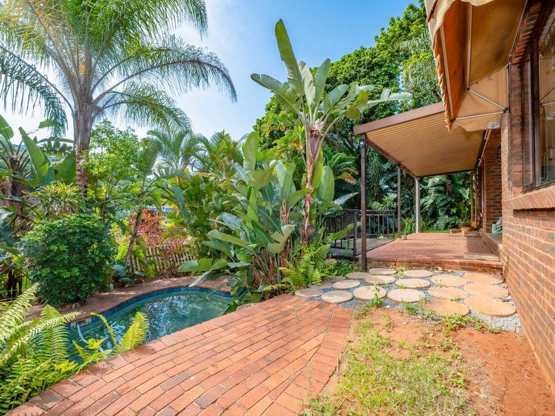 Rear exterior view featuring a brick patio, covered veranda, and a small swimming pool surrounded by established garden landscaping.