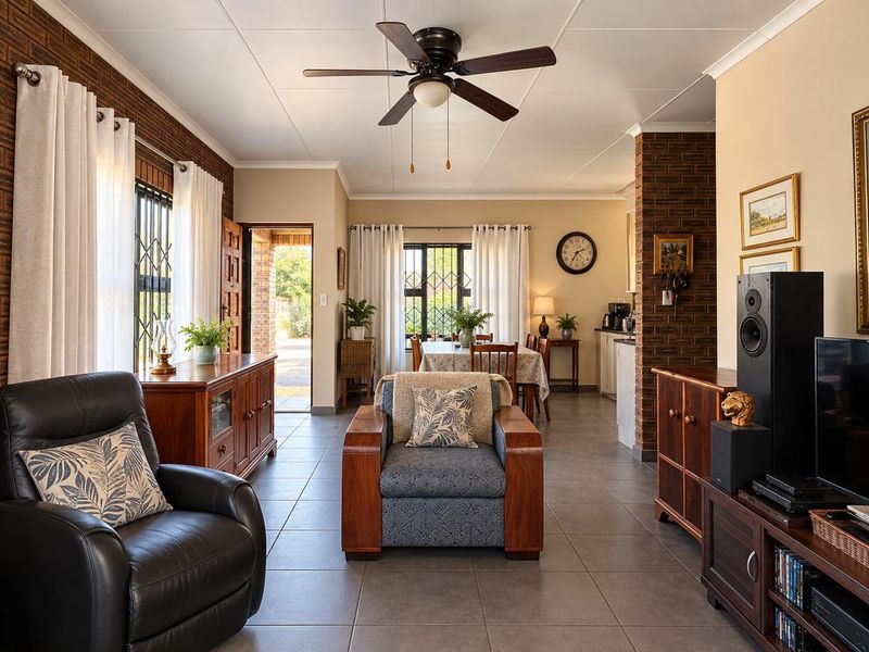 Open-plan living and dining area featuring tiled floors, exposed brick accents, and a ceiling fan, with direct access to an outdoor patio.