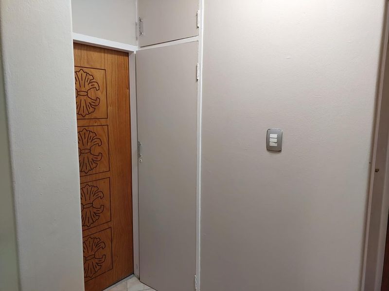 A functional hallway area featuring built-in storage cabinetry and a decorative wooden door.