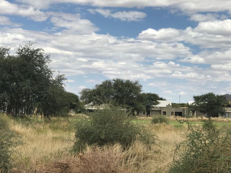 A view of a residential property lot featuring natural grassland, native shrubs, and mature trees under a cloudy sky.
