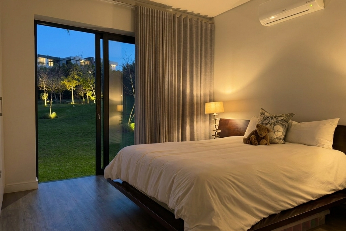 A well-maintained bedroom featuring laminate flooring, a wall-mounted air conditioning unit, and a large sliding glass door providing direct access to the garden.