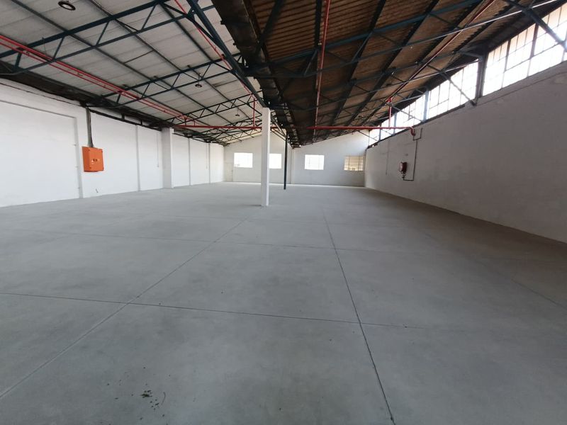 Spacious industrial warehouse unit featuring high exposed steel roof trusses, concrete flooring, and integrated fire sprinkler system.