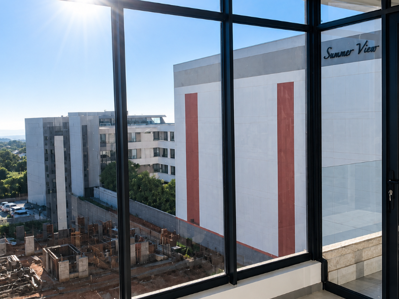 A bright, modern balcony featuring floor-to-ceiling glass windows with black aluminium frames, tiled flooring, and a glass balustrade overlooking the surrounding urban area.