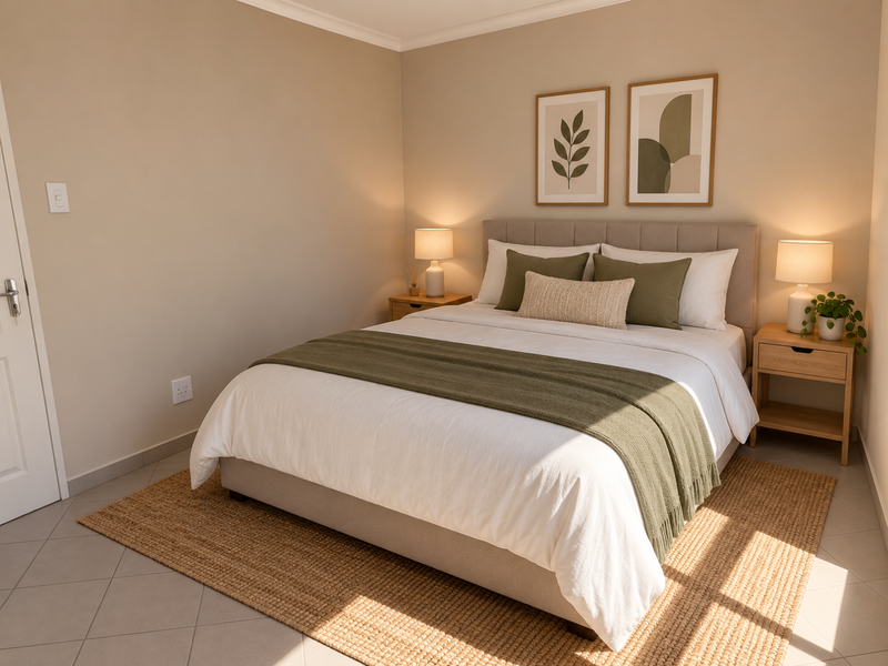 A well-maintained bedroom featuring neutral wall tones, tiled flooring, and clean architectural finishes, creating a bright and inviting living space.