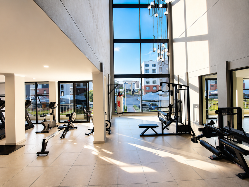 A modern, high-ceilinged gym facility featuring expansive floor-to-ceiling windows, sleek tiled flooring, and contemporary pendant lighting, creating a bright and professional workout environment.