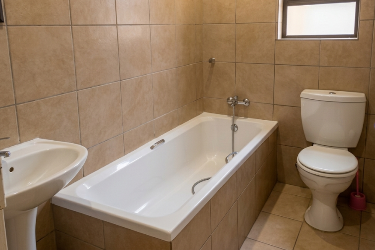 A functional bathroom featuring a white bathtub, pedestal basin, and toilet, finished with neutral wall and floor tiling.