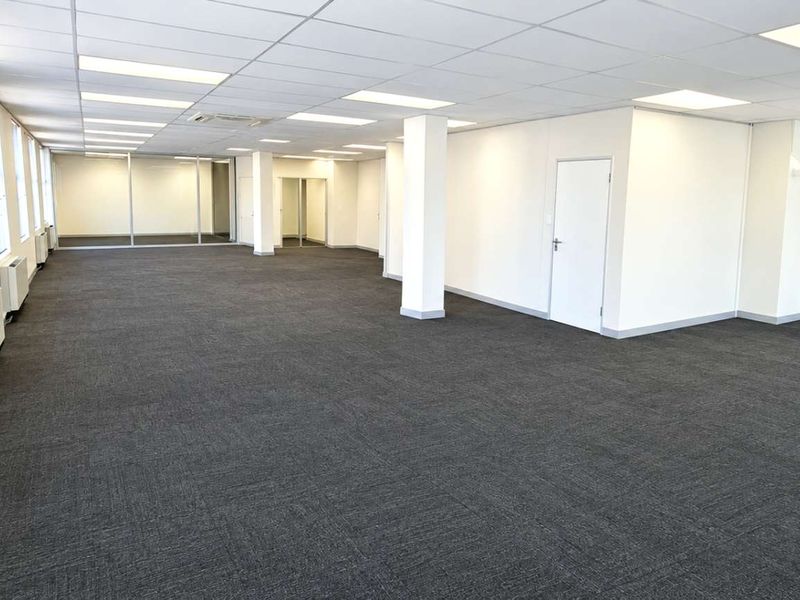 Spacious, open-plan office area featuring a suspended ceiling, recessed lighting, carpeted flooring, and large windows providing ample natural light.
