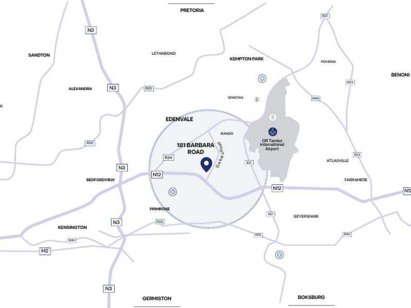 A location map highlighting the property at 181 Barbara Road, situated near OR Tambo International Airport and major transport routes.