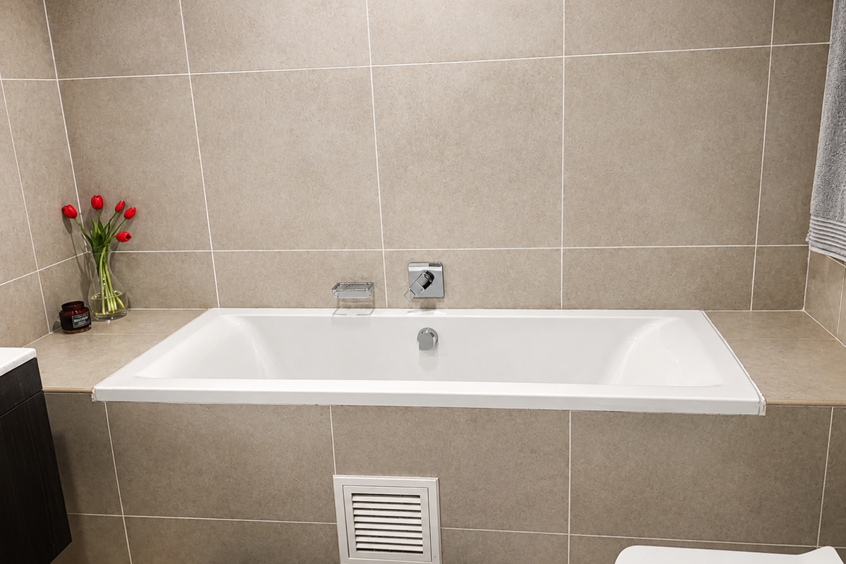 A modern bathroom featuring a built-in bathtub with neutral wall tiling, chrome fixtures, and a ventilation grille.
