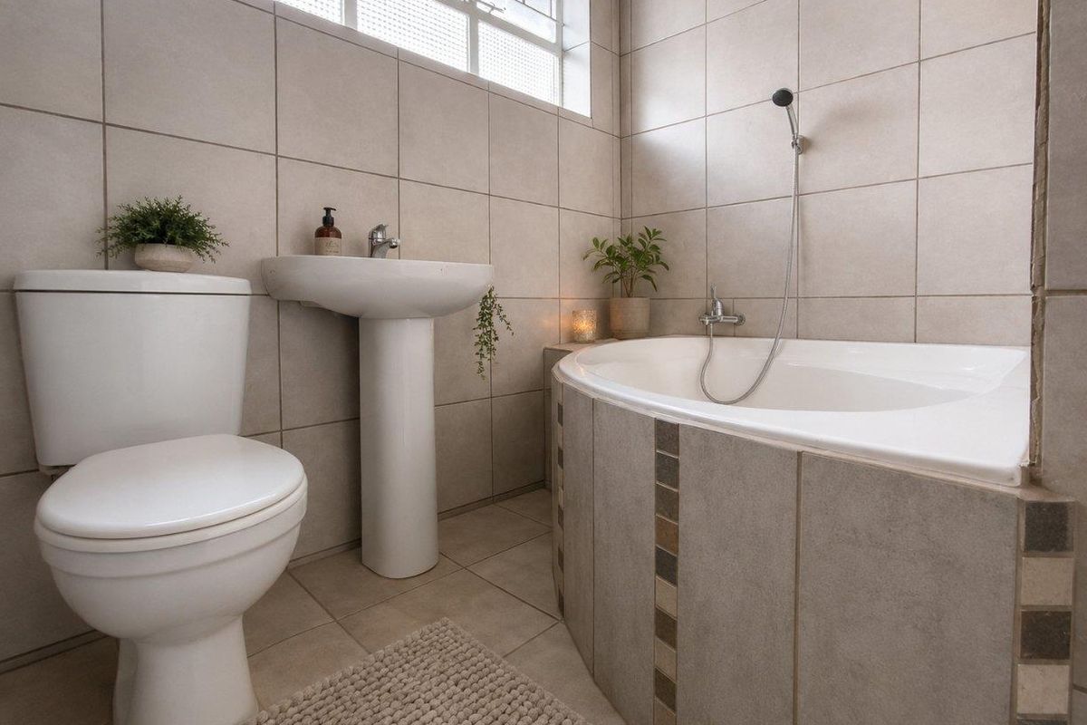 A well-maintained bathroom featuring a pedestal basin, toilet, and a corner bathtub with tiled finishes and natural light from a high window.