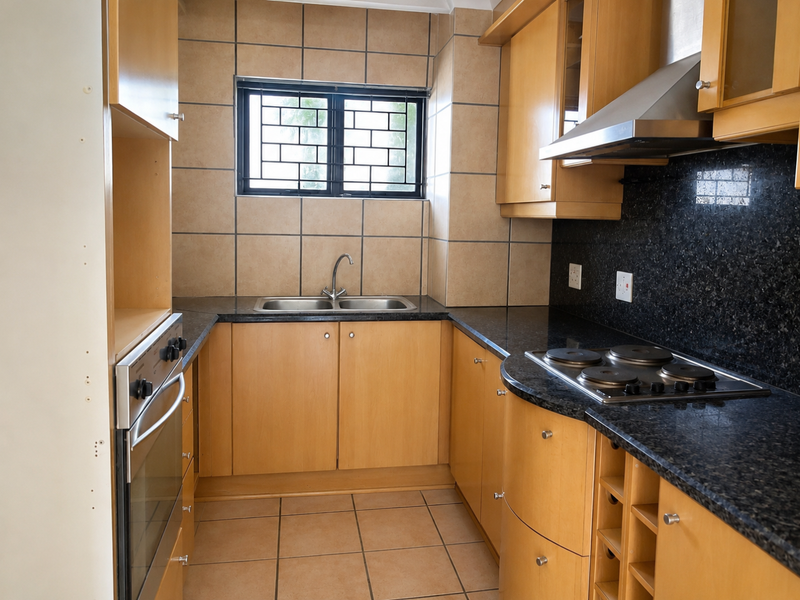 A functional kitchen featuring wooden cabinetry, granite countertops, a built-in oven, electric hob, and a double sink with a tiled backsplash.
