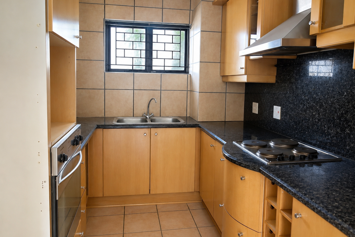 A functional kitchen featuring wooden cabinetry, granite countertops, a built-in oven, electric hob, and a double sink with a tiled backsplash.