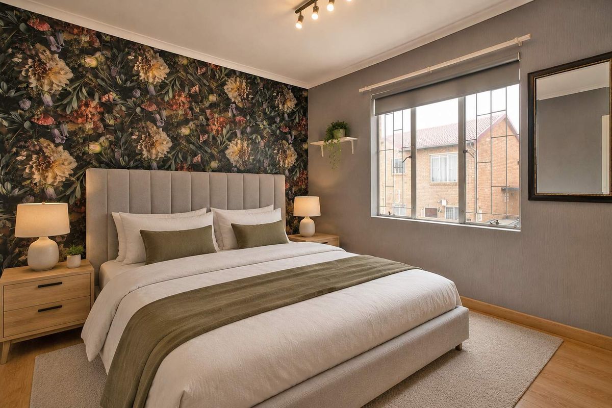 A well-maintained bedroom featuring laminate flooring, a feature wallpaper wall, and a window fitted with security bars and a roller blind.
