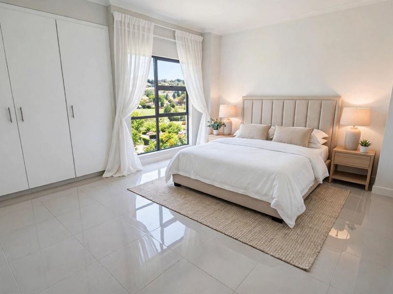A bright and modern bedroom featuring sleek tiled flooring, ample built-in cupboard space, and a large window offering pleasant views.