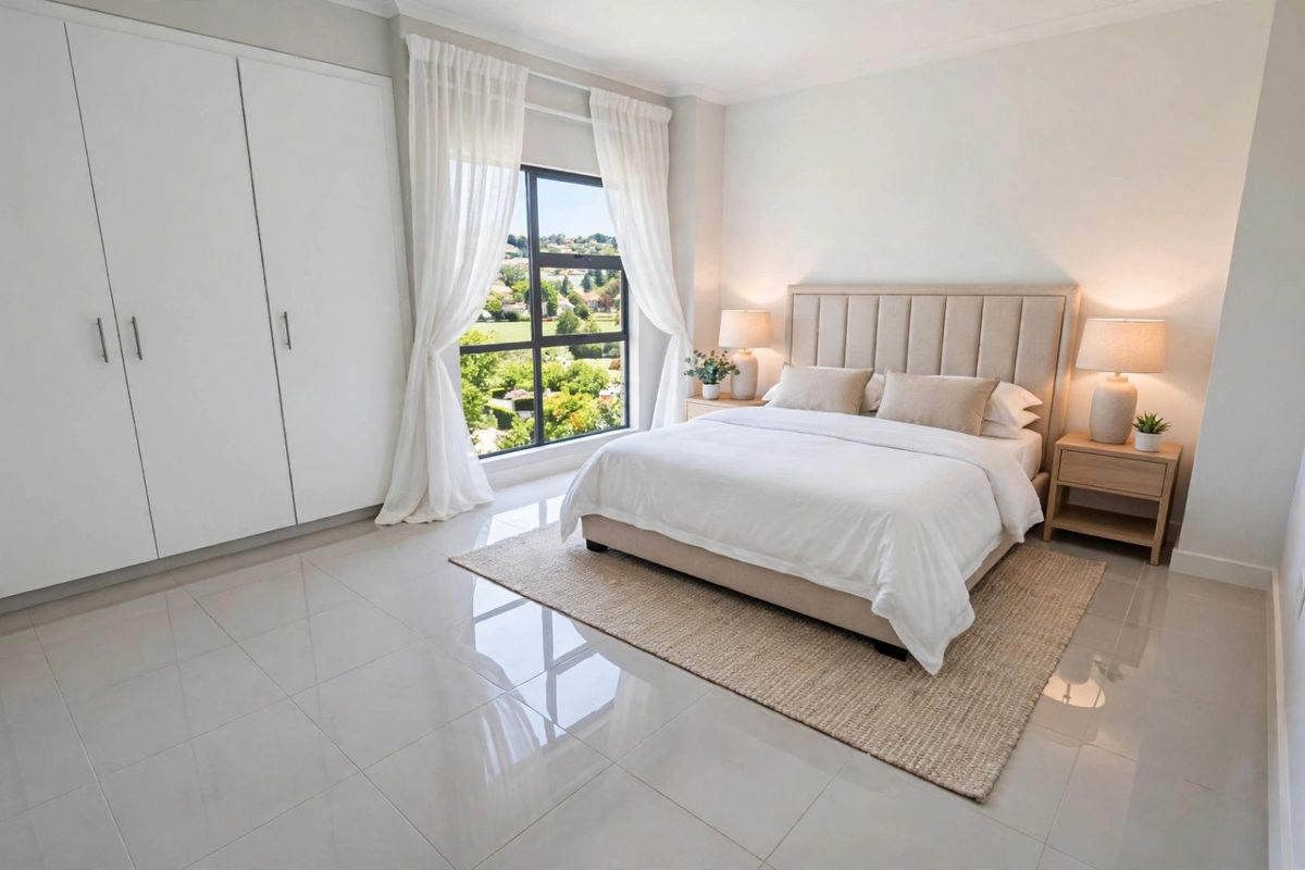A bright and modern bedroom featuring sleek tiled flooring, ample built-in cupboard space, and a large window offering pleasant views.