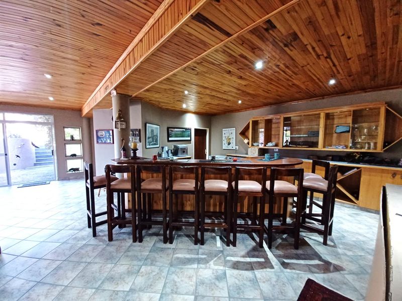 Spacious entertainment bar area featuring a large built-in wooden counter, extensive cabinetry, timber-clad ceiling, and direct access to the outdoor area.