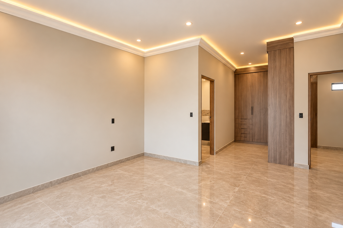 A modern, spacious bedroom featuring polished tile flooring, built-in wooden cabinetry, and elegant recessed cove lighting throughout the ceiling.