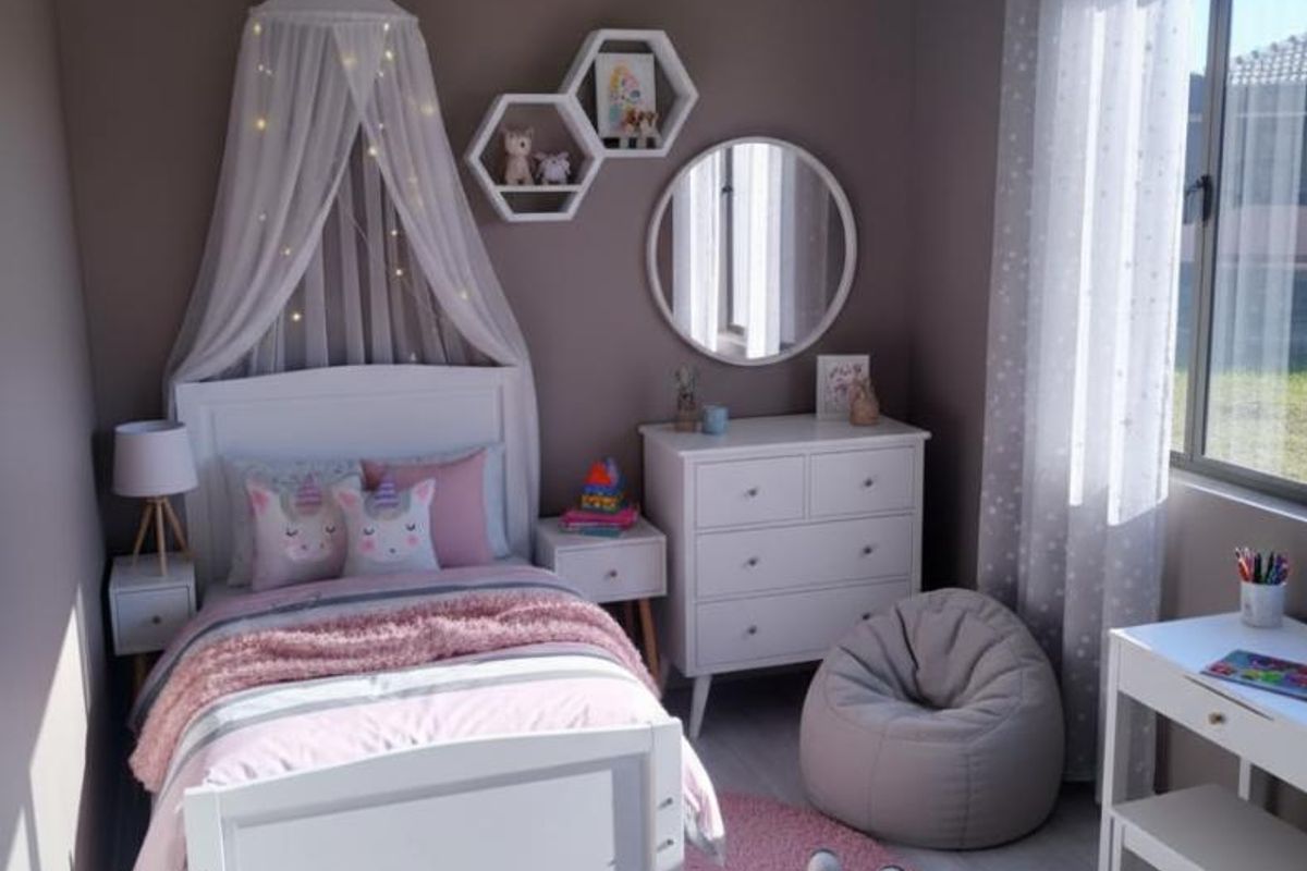 A well-maintained bedroom featuring neutral wall tones, tiled flooring, and a large window allowing for natural light.