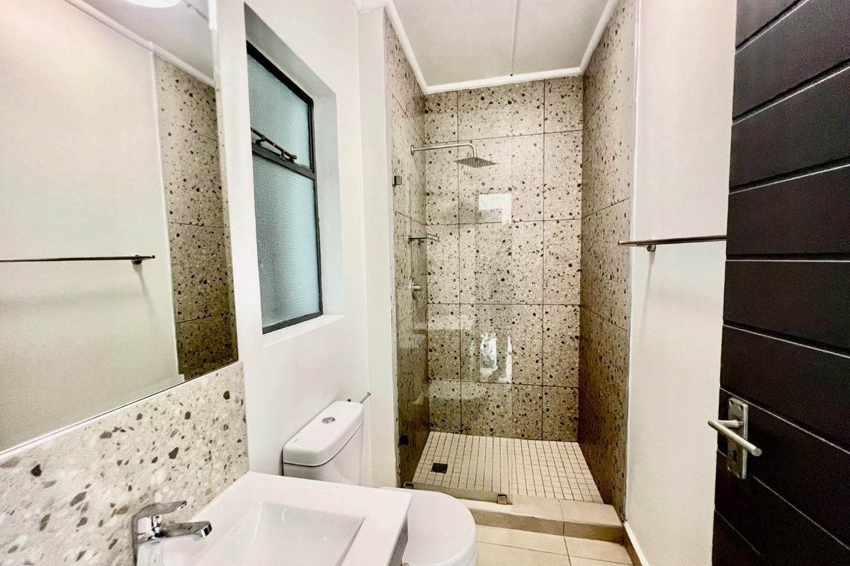 Modern bathroom featuring a walk-in shower with terrazzo-style tiling, a vanity basin, and a toilet.