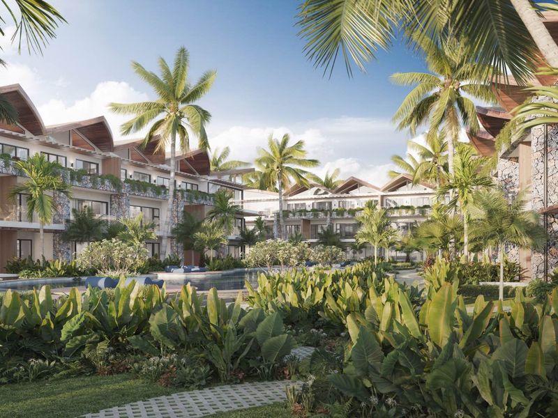 A high-end architectural rendering of a tropical penthouse complex featuring lush landscaping, a central swimming pool, and modern multi-level building facades.
