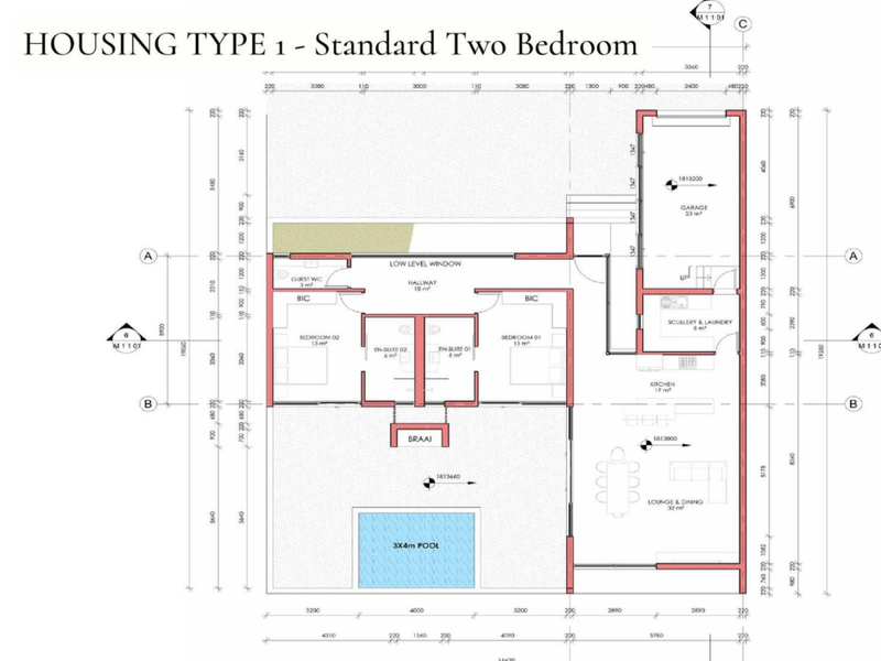 Architectural floor plan for a standard two-bedroom townhouse featuring an open-plan living area, kitchen, scullery, garage, and private pool.
