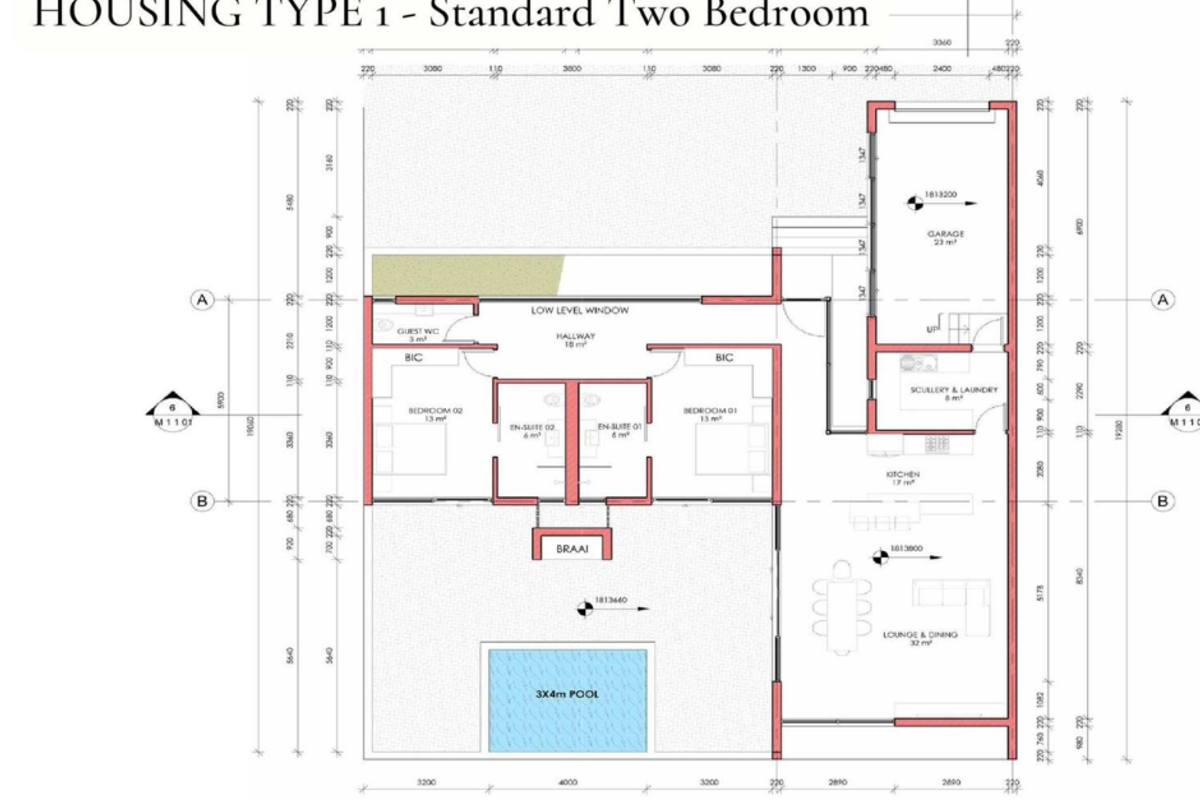 Architectural floor plan for a standard two-bedroom townhouse featuring an open-plan living area, kitchen, scullery, garage, and private pool.