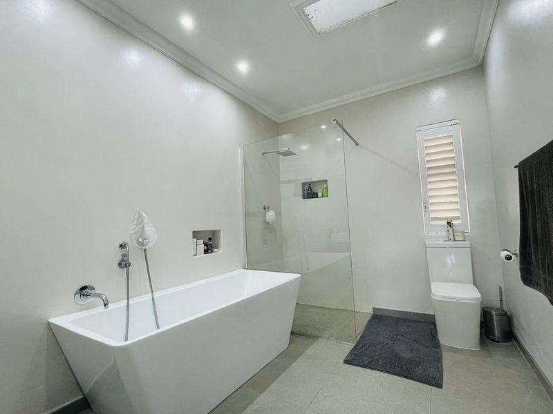 Modern bathroom featuring a sleek freestanding bathtub, a spacious walk-in shower with glass screen, a toilet, and a skylight for natural illumination.