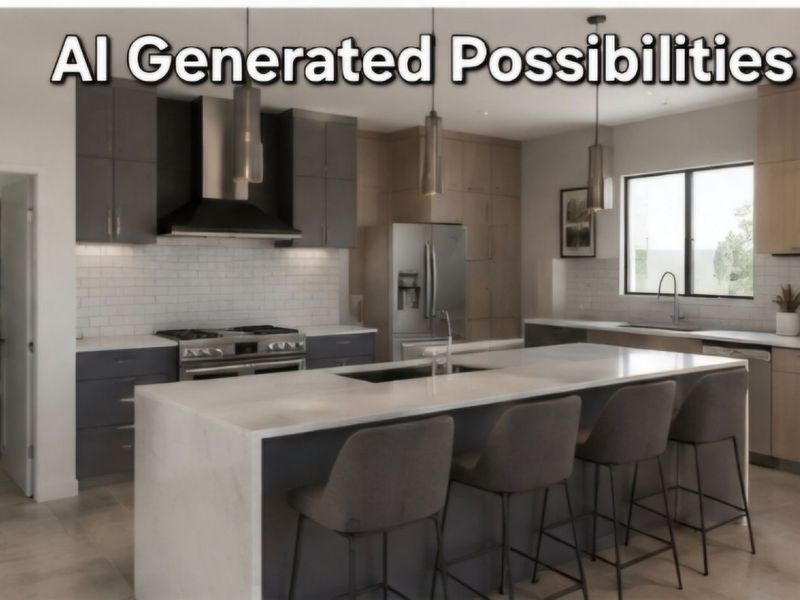 Modern kitchen featuring a large central island, stone countertops, subway tile backsplash, and an adjacent walk-in pantry.