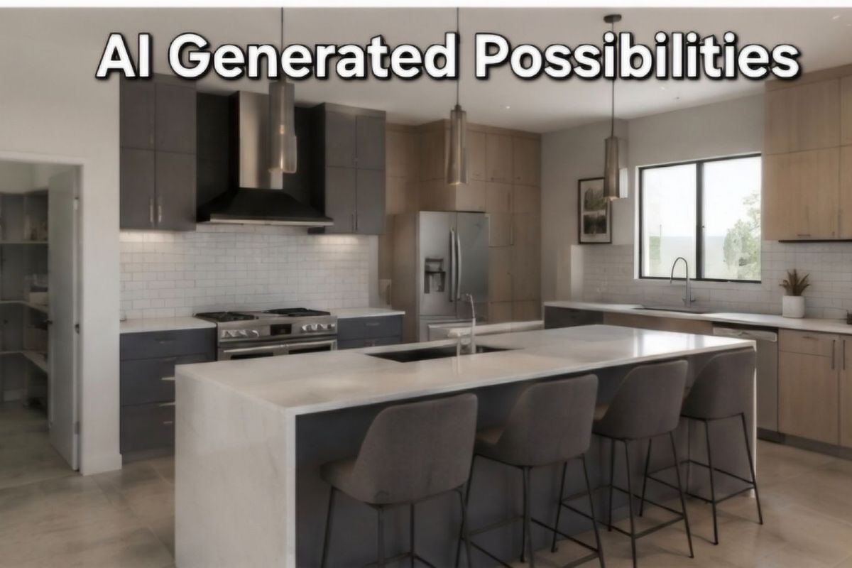 Modern kitchen featuring a large central island, stone countertops, subway tile backsplash, and an adjacent walk-in pantry.