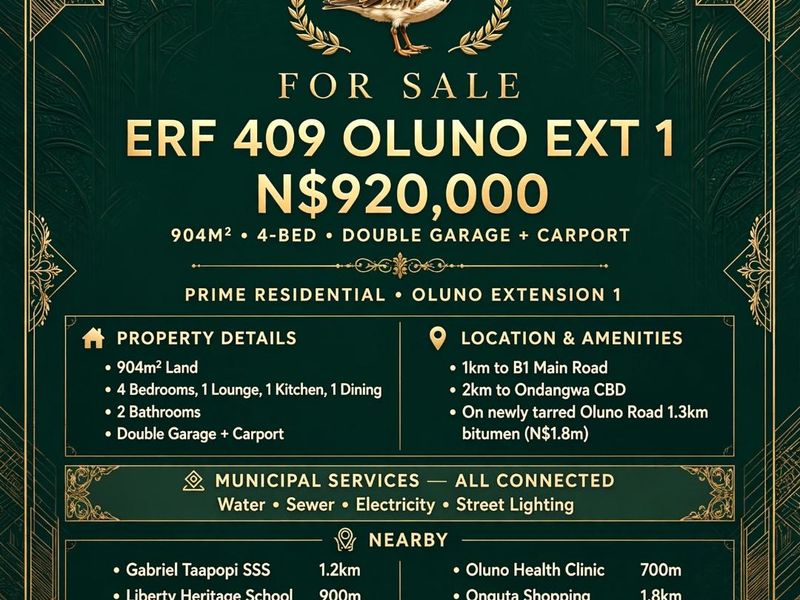 A promotional real estate flyer for a residential property listing in Oluno Extension 1, detailing land size, room count, and local amenities.