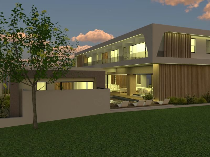 A modern architectural rendering of a luxury two-story residence featuring timber cladding, a swimming pool, and expansive glass sliding doors at dusk.