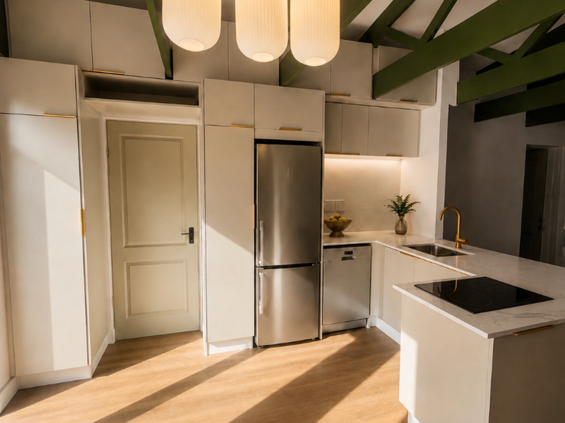 Modern kitchen featuring sleek cabinetry, integrated appliances, induction hob, brass fixtures, and striking exposed green timber beams under a high ceiling.