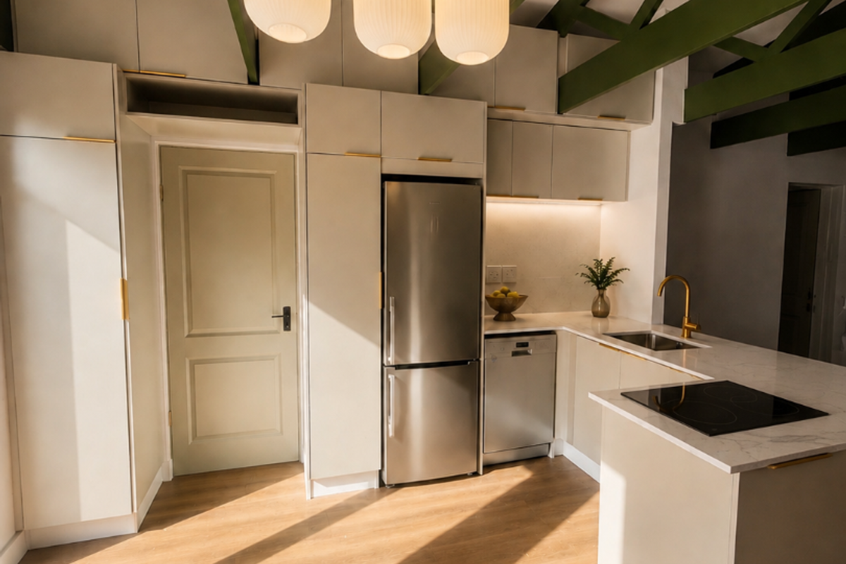 Modern kitchen featuring sleek cabinetry, integrated appliances, induction hob, brass fixtures, and striking exposed green timber beams under a high ceiling.