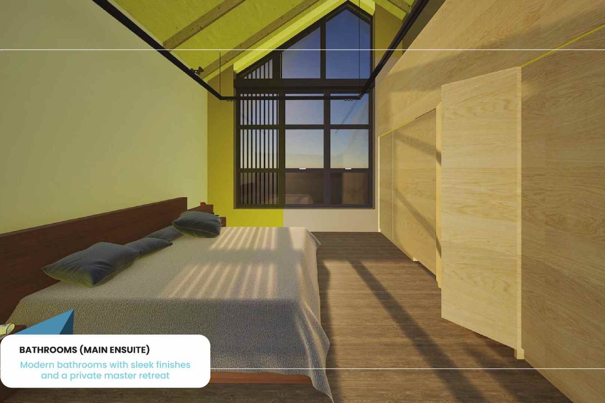 A spacious master bedroom featuring high vaulted ceilings, large windows, and integrated wooden cabinetry, showcasing a modern and airy architectural design.