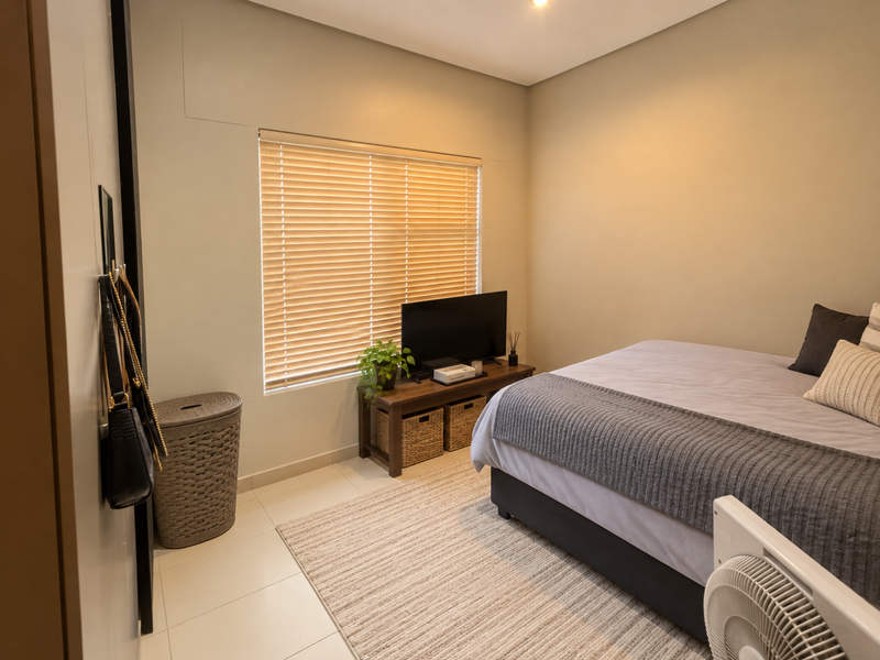 A well-maintained bedroom featuring neutral walls, tiled flooring, and venetian blinds, providing a clean and comfortable living space.